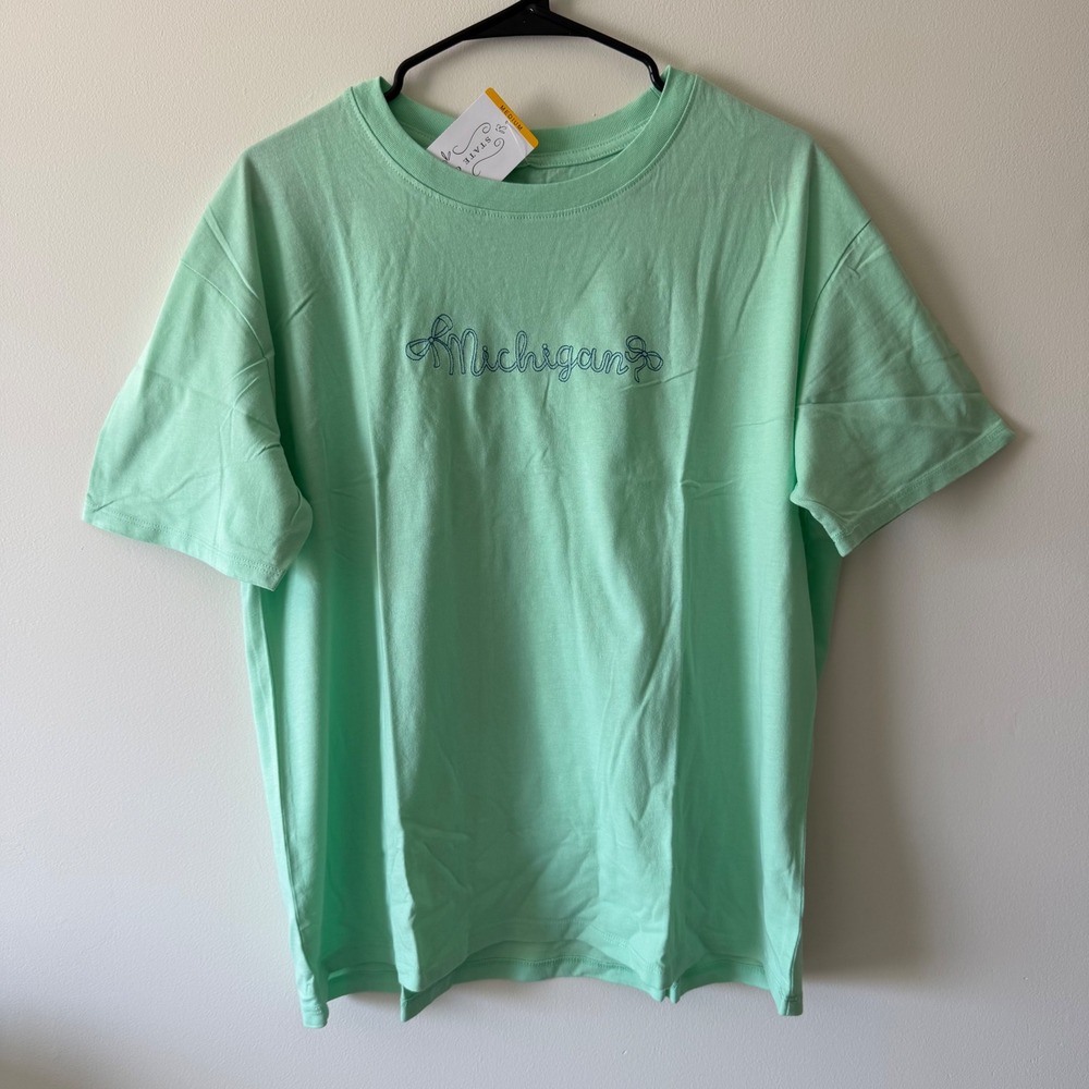 State of Mine Michigan Embroidered Mint Green Cotton Graphic Tee Shirt Medium